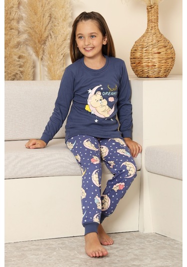 Kız Çocuk %100 Pamuk İnterlok Kumaş Pijama Takımı 6-15 Yaş 12421 Indigo