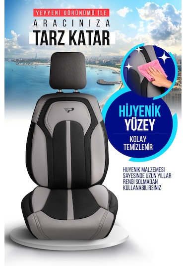 Siyah - Gri Garni Panda Sevılla Serısı Keten Kumaş Oto Koltuk Kılıfı - Tam Set