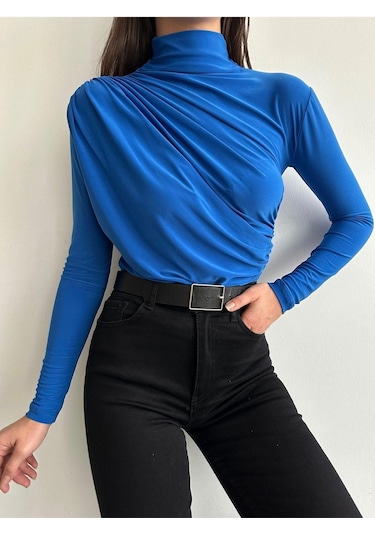 Kadın Büzgü Detaylı Dik Yaka Sandy Bluz Saks