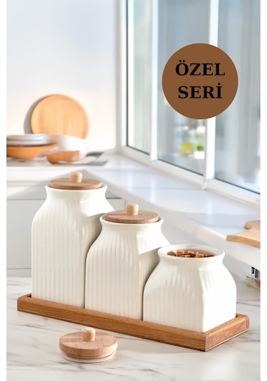 4'lü Standlı Vakumlu Ahşap Kapaklı Beyaz Kavanoz Seti Takımı Baharat Çay Tuz Şeker Kahve Kavanozu Beyaz - Kahverengi