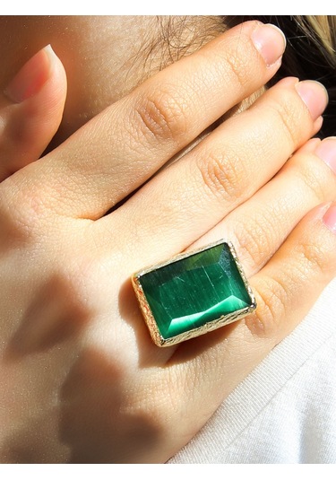 Kedi Gözü Cam Kadın Ayarlanabilir Altın Kaplama Yüzük Koyu Yeşil Euy69ky Yeşil