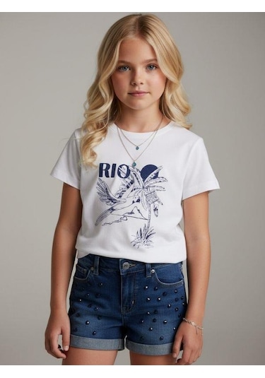 Zekids Kız Çocuk Rio Baskılı Basic T-shirt-16971 Ekru