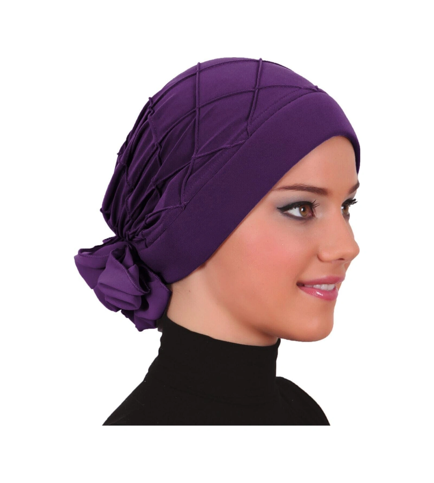 Lüks Nervürlü Arkası Şifon Aksesuarı Mor Hazır Türban Tesettür Bone Mor