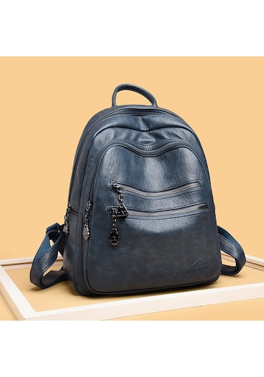 Şık Ve Pratik Kadın Günlük Sırt Çantası - Yumuşak Deri Görünümlü, Geniş Kapasiteli, Okul Ve Ofis İçin Modaya Uygun Çanta MAvi