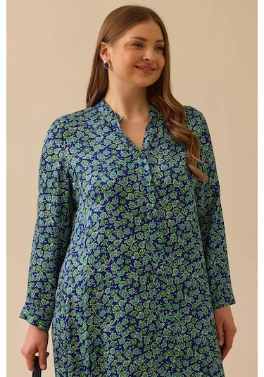 Galaxi Kadın Büyük Beden Düğmeli Çiçek Desenli Uzun Elbise 4001 Yeşil Yeşil