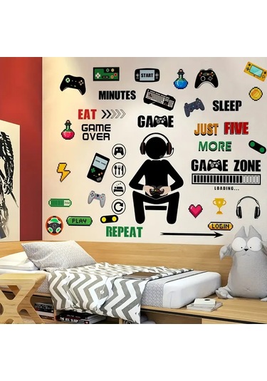 Dianziye Oyun Odası Dekorasyon Stickeri - Yıldızlı Işıklı Oyun Kontrolcü Desenli, Oyuncu Odası Duvar Sticker Seti 30x20 Cm Beyaz
