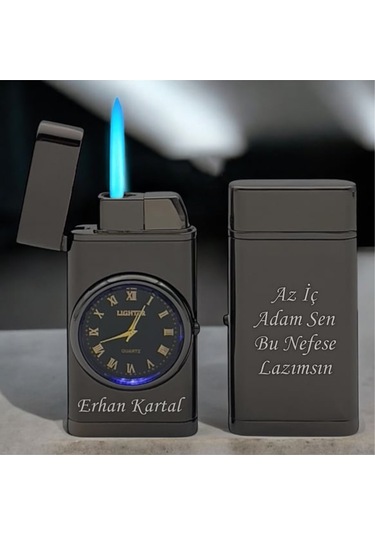 Kişiye Özel Çift Yön Baskı Turbo Jet Işıklı Saatli Çakmak -kutulu Ve Hediye Paketinde