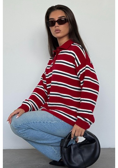 Kırmızı Polo Yaka Çizgili Kadın Triko Kazak Mg2469 Kırmızı