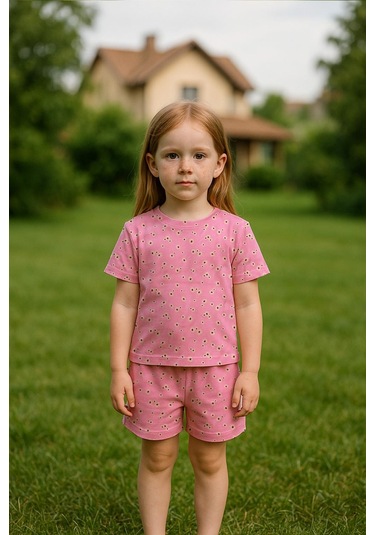 Kız Çocuk %100 Pamuklu Çiçek Desenli Şortlu Takım 3-4 Yaş -8-9 Yaş Pembe