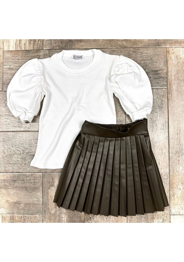 Kız Çocuk Siyah Deri Etek Kombin Bayramlık Elbise Takım Siyah - Beyaz