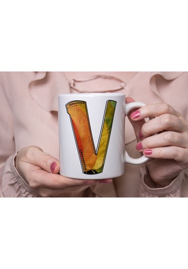 V Harf Yaprak Renkleri İle Kupa Bardak - Kişiye Özel Alfabe Harfli Bardak - Hediye Beyaz
