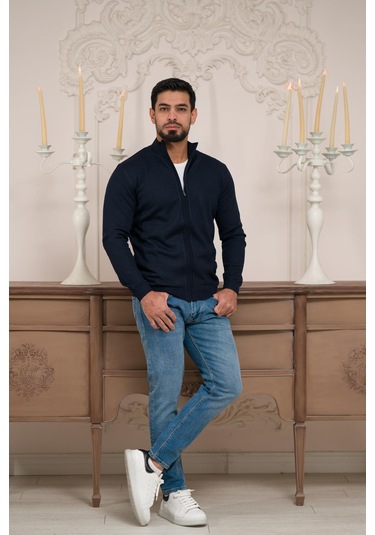 Woolen World Regular Fit Dik Yaka İnce Baharlık Triko Hırka Lacivert