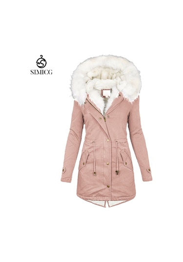 Kadınlar İçin Sonbahar Ve Kış Orta Uzunlukta Kapüşonlu Sıcak Mont Pembe