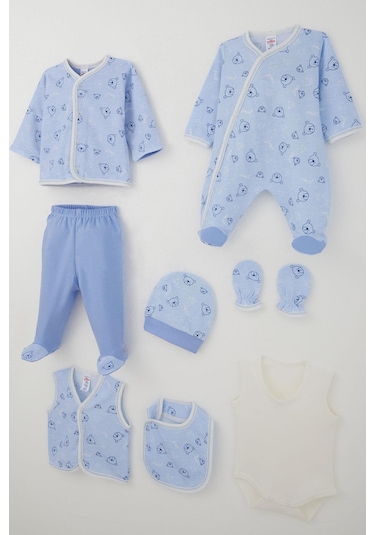 Breeze Erkek Bebek Hastane Çıkışı 8 Li Sevimli Ayıcık Figürlü Yıldız Desenli 0-3 Ay, Mavi Mavi