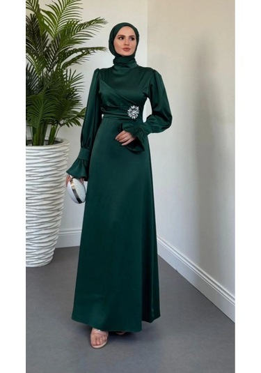 Yandan Taşlı Abiye Zümrüt Yeşil