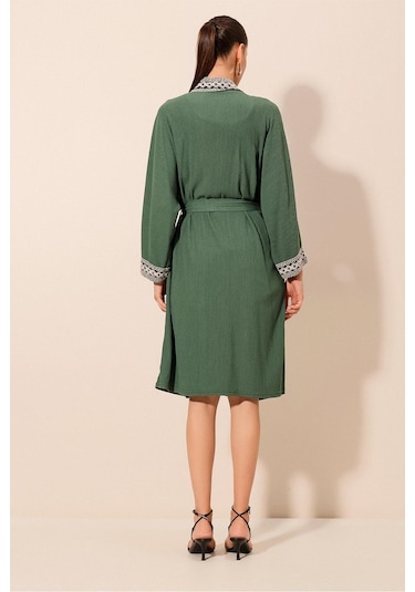 Bigdart 5865 Nakışlı Örme Uzun Kimono - Zümrüt Yeşili 001