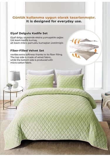 Kapitone Kadife Yatak Örtüsü Seti Çift Kişilik Supersoft 3 Parça Yumuşak Elyaf Dolgulu Yeşil Yeşil