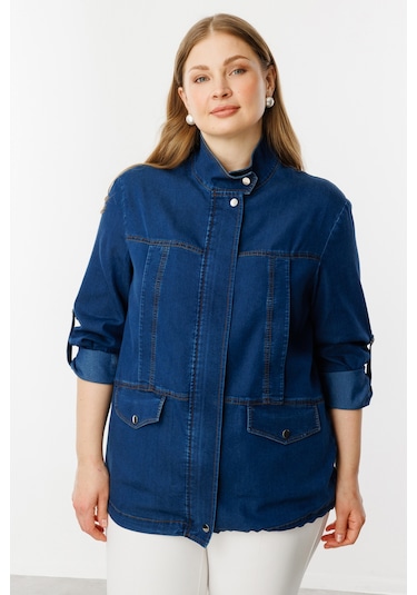 Ekol Kadın Büyük Beden Fermuarlı Kapak Cepli Mont 6302 Indigo İndigo