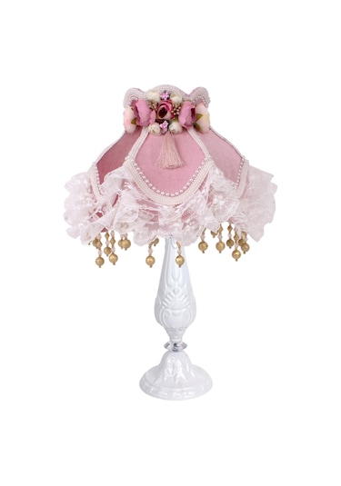 Pudra Pembe Kadife Kaplı Pudra Çiçek Dekorlu Yatak odası Abajur Diğer