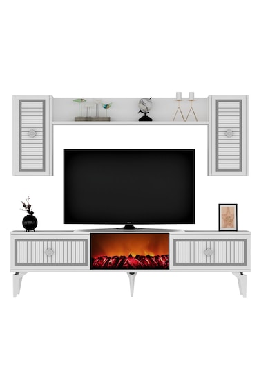 Nil Şömineli Tv Ünitesi Beyaz-gümüş