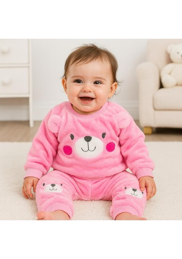 Cute Bear Suratlı Omuzdan Çıtçıtlı Welsoft İçi Astarlı 2 Parça Takım Pembe