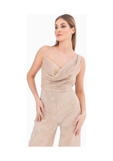 Degaje Yaka Tam Boy Askılı Abiye Tulum-gold Gold