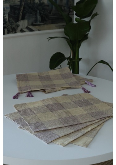 Yakacihome Juta Mor 5 Parça 4 Parça Amerikan Servis & 1 Parça Püsküllü Runner Jüt Kumaş Sofra Seti Mor