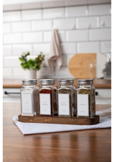 Mienda Home 4'lü Ahşap Standlı Cam Baharatlık Seti Kapaklı Etiketli Baharatlık Takımı Mh01slvr04 Beyaz - Şeffaf