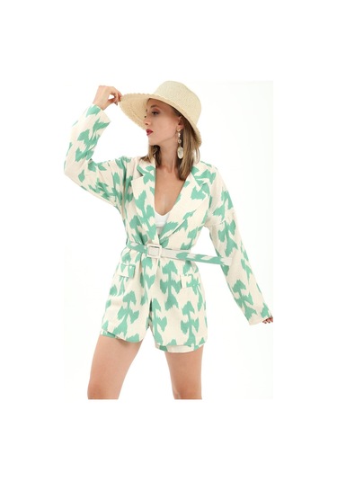 Kemerli Desenli Oversize Blazer Ceket - Yeşil-yeşil Yeşil