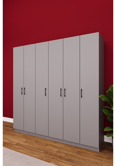 Asra Trend 6 Kapaklı Gardırop G-06 %100 MDF Çift Katlı Askılı Elbise Dolabı Kül Gri