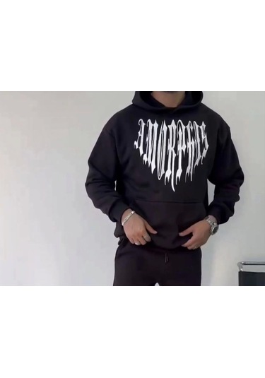 Uzun Kol Kapşonlu Baskılı Sweatshirt - Siyah Siyah