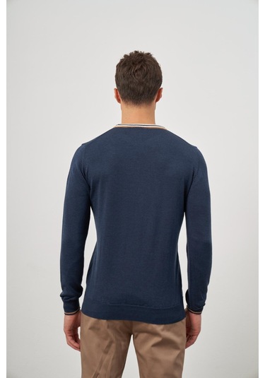 İndigo Mavi Uzun Kol Düz Örme Bisiklet Yaka Classic Slim Fit Triko 1012245108 İndigo Mavi