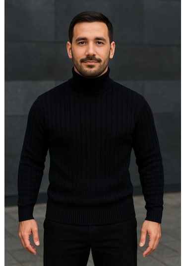 Erkek Balıkcı Yaka Bağazlı Triko Kazak Pamuklu Kalın Fitilli Dokuma, Regular Fit Uzun Kollu Kışlık Model - Siyah Siyah