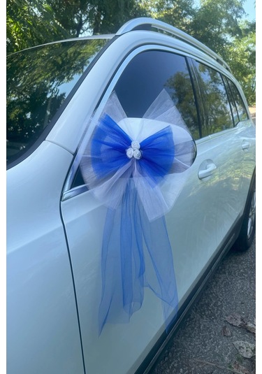 10 Adet Beyaz Mavi Kristal Tül Beyaz Latex Gül Kuyruk Detaylı Düğün Nikah Kına Sünnet Konvoy Süsü Beyaz Mavi