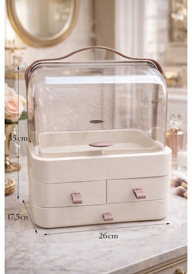 Elora Krem Makyaj Organizeri, 35x26x17,5 Cm, 3 Çekmeceli, Şeffaf 90 İki Kapaklı