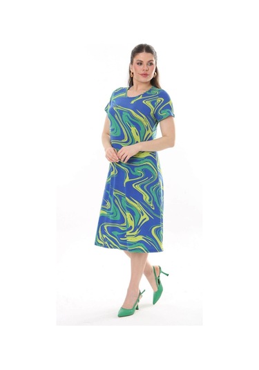 Kadın Mavi Yeşil Ebru Desen Midi Elbise-mavi Mavi