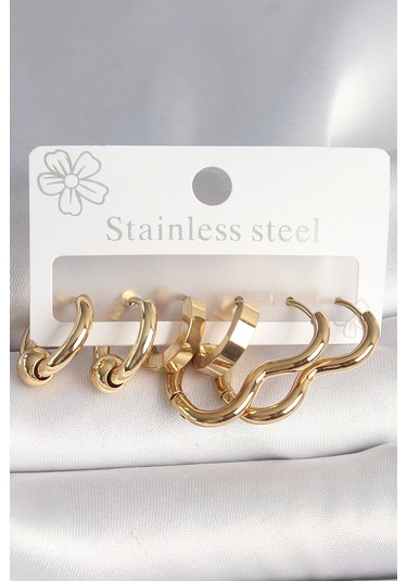 316l Çelik Gold Renk Kalp Halka Model Kadın Küpe Seti - Tj-bkp10386 Çok Renkli