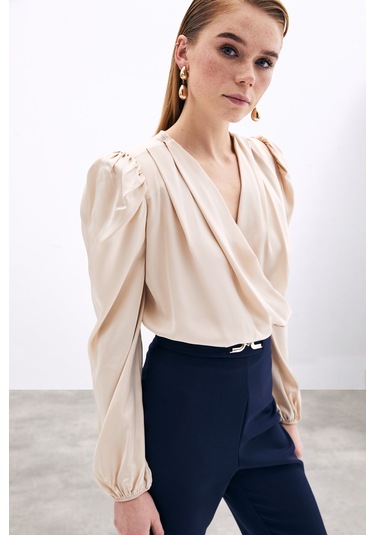 Sateen Kruvaze Vatkalı Bodysuit - Bej