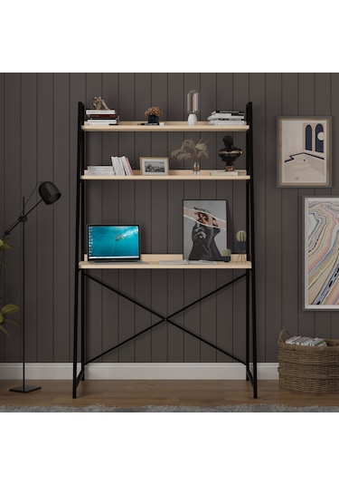 Metal Kitaplıklı Çalışma Masası-metalkçm01-akçaağaç Akçaağaç