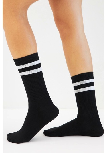 Bambu Tenis Çizgili Premium Kolej Çorabı Unisex Siyah Dikişsiz Soket Çorap 3'lü Paket Çok Renkli