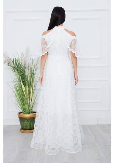 Kalopya Omuz Detay Uzun Dantel Abiye Elbise 13328 Ekru