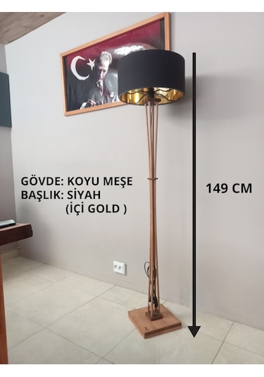 Ahşap Ayaklı Lambader Siyah Gold Renk Altın - Siyah