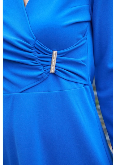 Kadın Likralı Krep Kumaş Kruvaze Anvelop Büzgülü Eteği Çan Uzun Kol Diz Boy Elbise-saks Sax