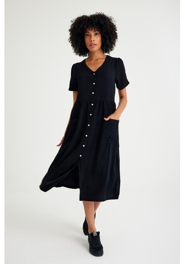 Barbora Keten Günlük Rahat V Yaka Beli Büzgü Detaylı Düğmeli Elbise Ln04siyah14 001