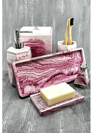 Betonmall 6'lı Mermer Desenli Beton Banyo Seti Çöp Kovalı Gri