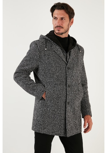 Buratti Çıkarılabilir Kapüşonlu Kırçıllı Slim Fit Kaşe Erkek Kaban 5841013 Siyah Noktalı
