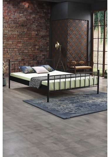 Falez Çift Kişilik Ferforje Metal Karyola-siyah Ahşap Latalı