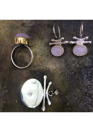 Pembe Kuvars Taşlı Gümüş Set 925 Ayar Takı