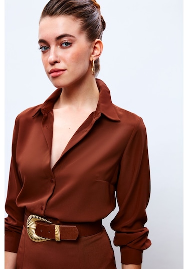 Sateen Düz Klasik Gömlek - Kahve-132874 Kahve