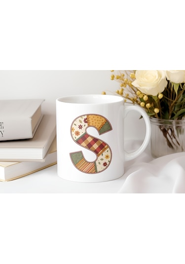 S Harfi Sonbahar Kış Temalı Yamalı Tasarım Kupa Bardak - Etnik Ve Pathwork Severlere Özel Hediye Beyaz